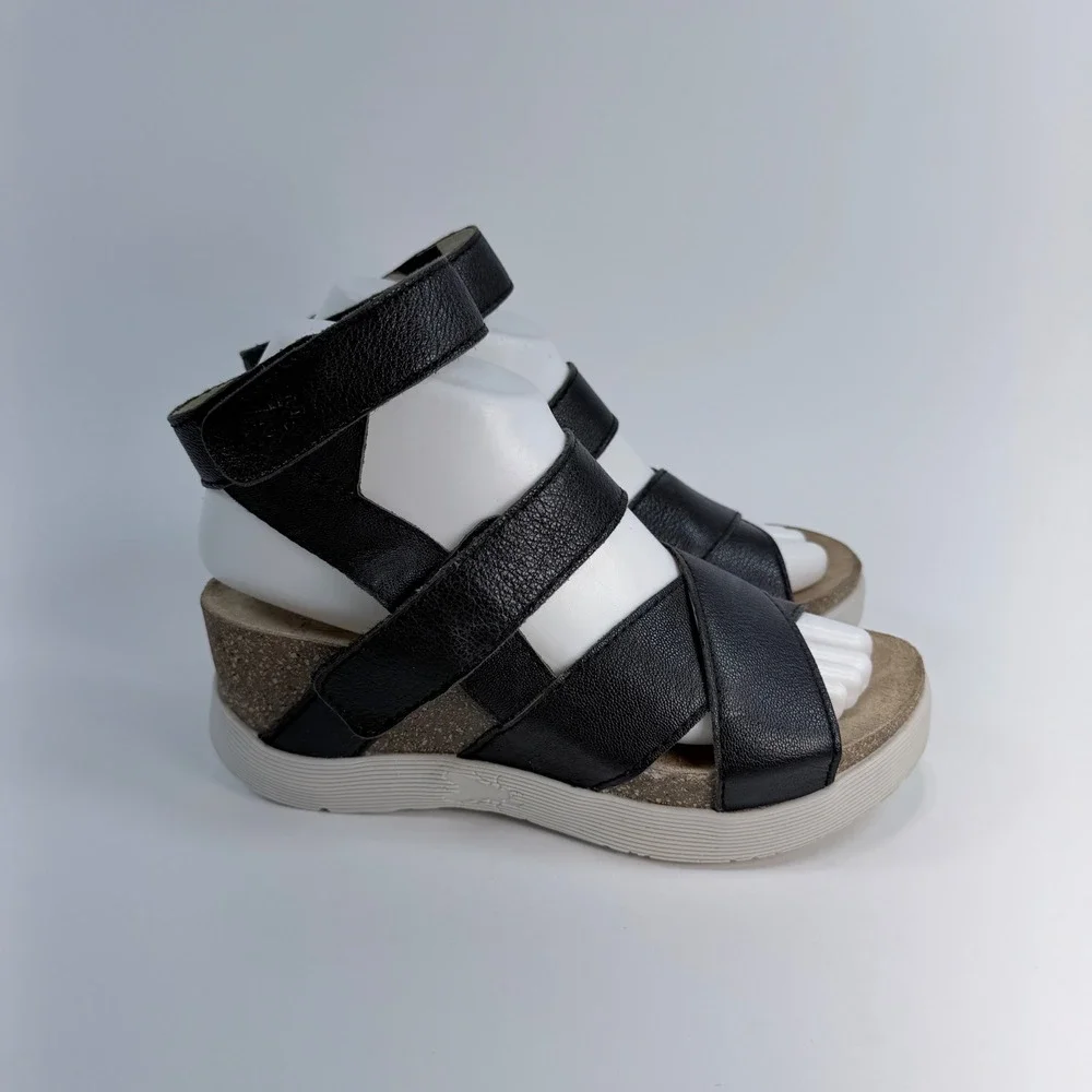 Fly London Black Wege669Fly Leather Wedge Hook & Loop Platform Sandals Womens 37